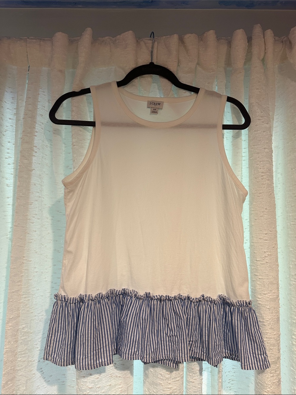 J. Crew White Tank with Blue Striped Ruffle Hem - XS